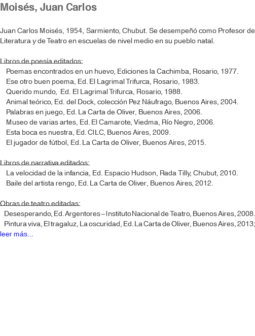 Moisés, Juan Carlos Juan Carlos Moisés, 1954, Sarmiento, Chubut. Se desempeñó como Profesor de Literatura y de Teatro en escuelas de nivel medio en su pueblo natal. Libros de poesía editados: Poemas encontrados en un huevo, Ediciones la Cachimba, Rosario, 1977. Ese otro buen poema, Ed. El Lagrimal Trifurca, Rosario, 1983. Querido mundo, Ed. El Lagrimal Trifurca, Rosario, 1988. Animal teórico, Ed. del Dock, colección Pez Náufrago, Buenos Aires, 2004. Palabras en juego, Ed. La Carta de Oliver, Buenos Aires, 2006. Museo de varias artes, Ed. El Camarote, Viedma, Río Negro, 2006. Esta boca es nuestra, Ed. CILC, Buenos Aires, 2009. El jugador de fútbol, Ed. La Carta de Oliver, Buenos Aires, 2015. Libros de narrativa editados: La velocidad de la infancia, Ed. Espacio Hudson, Rada Tilly, Chubut, 2010. Baile del artista rengo, Ed. La Carta de Oliver, Buenos Aires, 2012. Obras de teatro editadas: Desesperando, Ed. Argentores – Instituto Nacional de Teatro, Buenos Aires, 2008. Pintura viva, El tragaluz, La oscuridad, Ed. La Carta de Oliver, Buenos Aires, 2013; leer más...